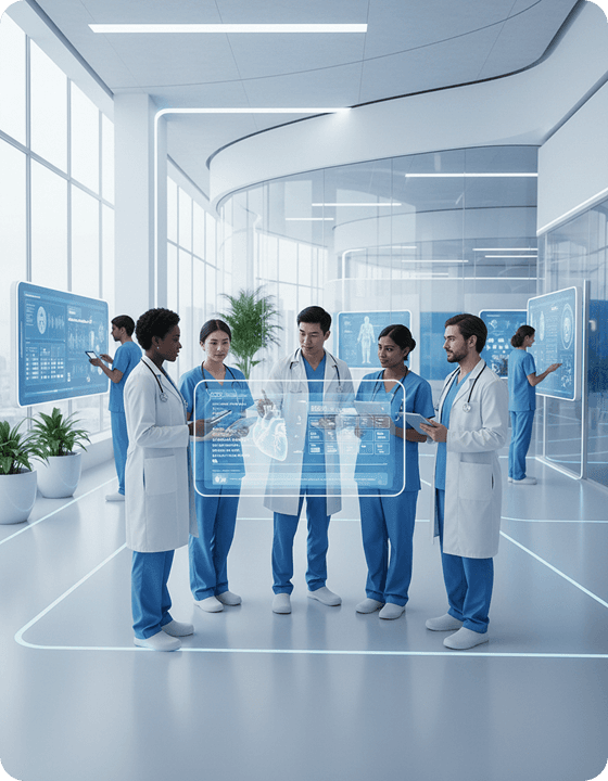 Physicians reviewing AI-assisted diagnostic overlays in a clinic
