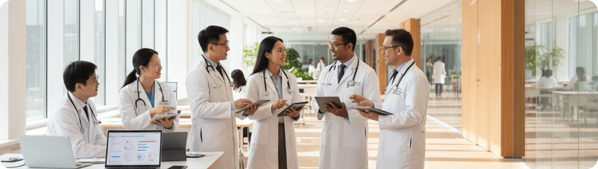 Physicians collaborating in a hospital hallway with tablets