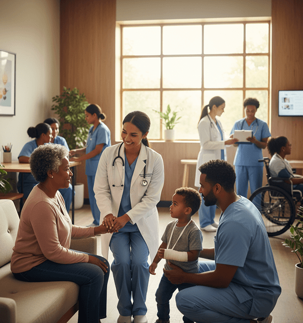 Physician greeting a patient and family in a waiting room