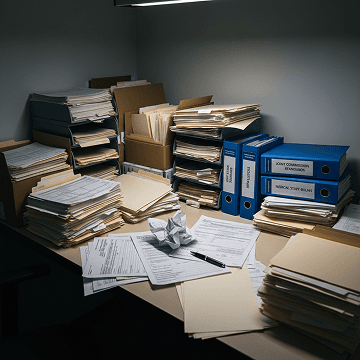 Stacks of paper credentialing files and binders