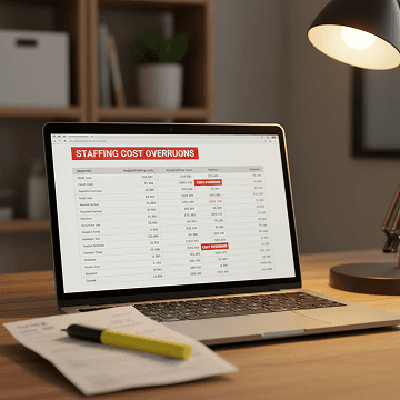 Laptop displaying a staffing cost overrun report