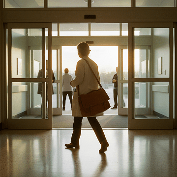 Physician walking out through a hospital lobby's glass doors