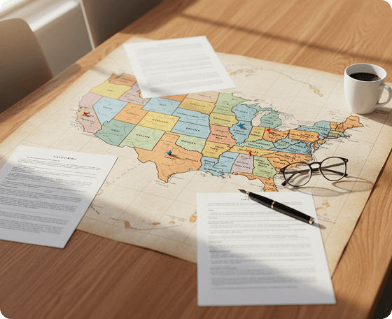 US map with state folders, forms, and a stethoscope