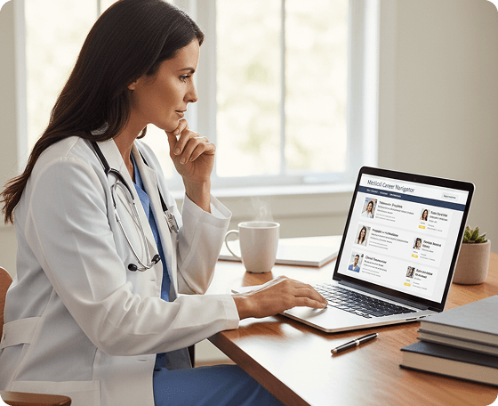 Physician reviewing candidate profiles on a laptop