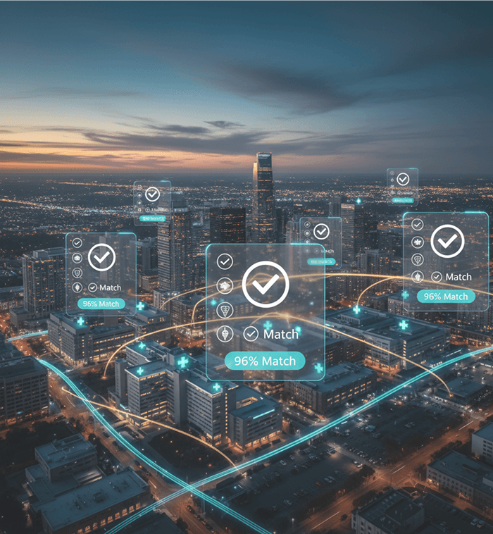City skyline at dusk with AI-matched physician credential overlays