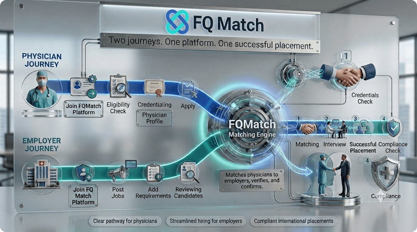 Diagram of the FQMatch platform connecting the physician and employer journeys through its matching engine