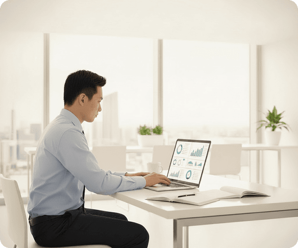 A physician reviewing FQ Match analytics on a laptop